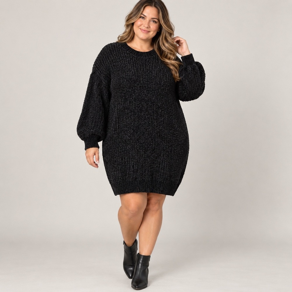 Baltic Born Christa Sweater Dress Women XL Black Chenille Knit Oversized Mini